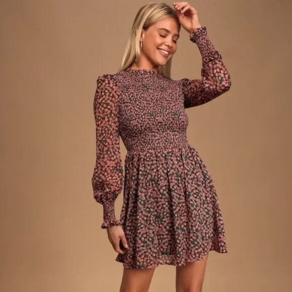 Lulus Floral Forever Green and Pink Smocked Long Sleeve Skater Mini Dress - Picture 1 of 13